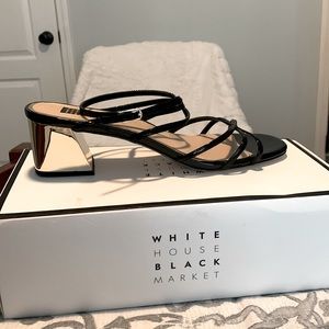 White House Black Market Stappy Sandals. Sz 10 Black w/gold heel.
